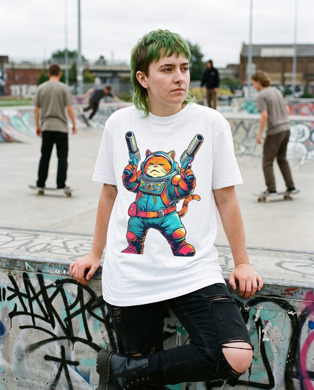 Armed & Fluffy tee worn at a skatepark