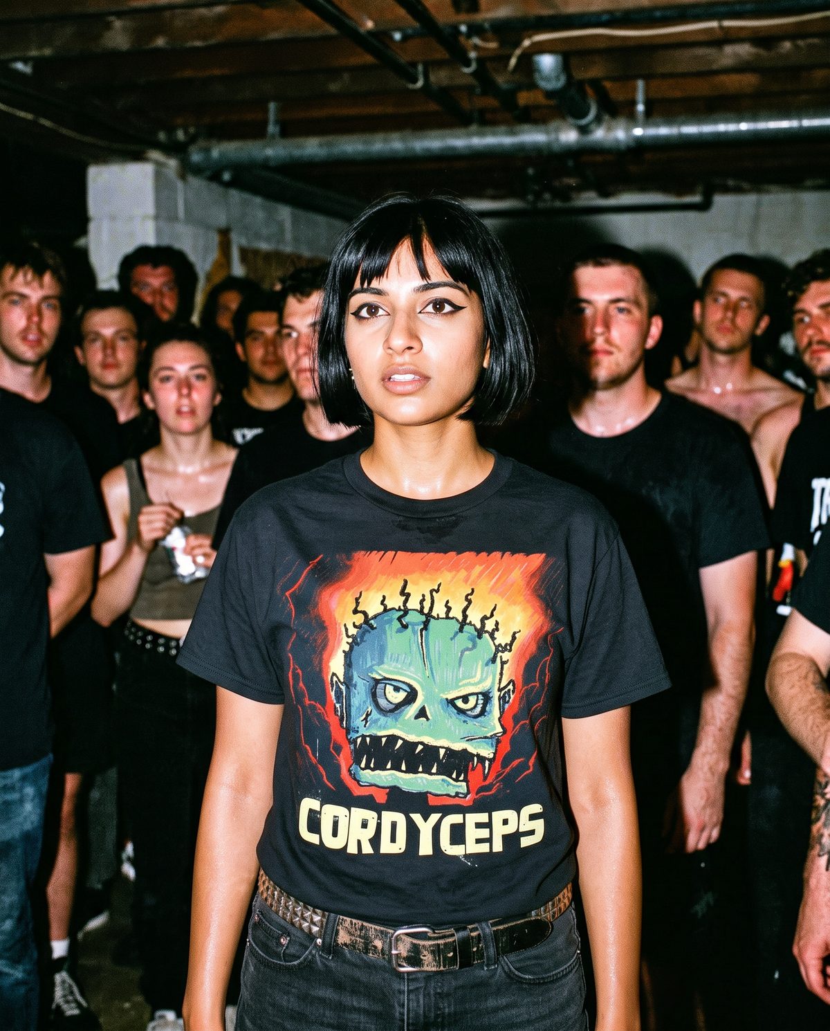 Cordyceps tee worn at a basement punk show