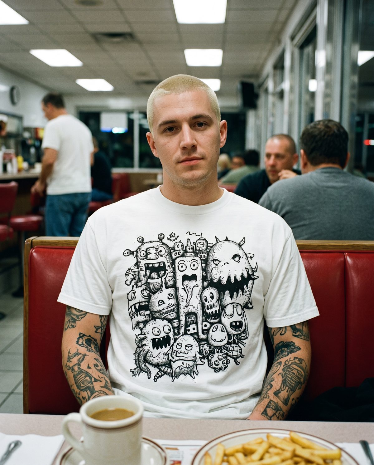 Monster Pile tee worn in a diner booth