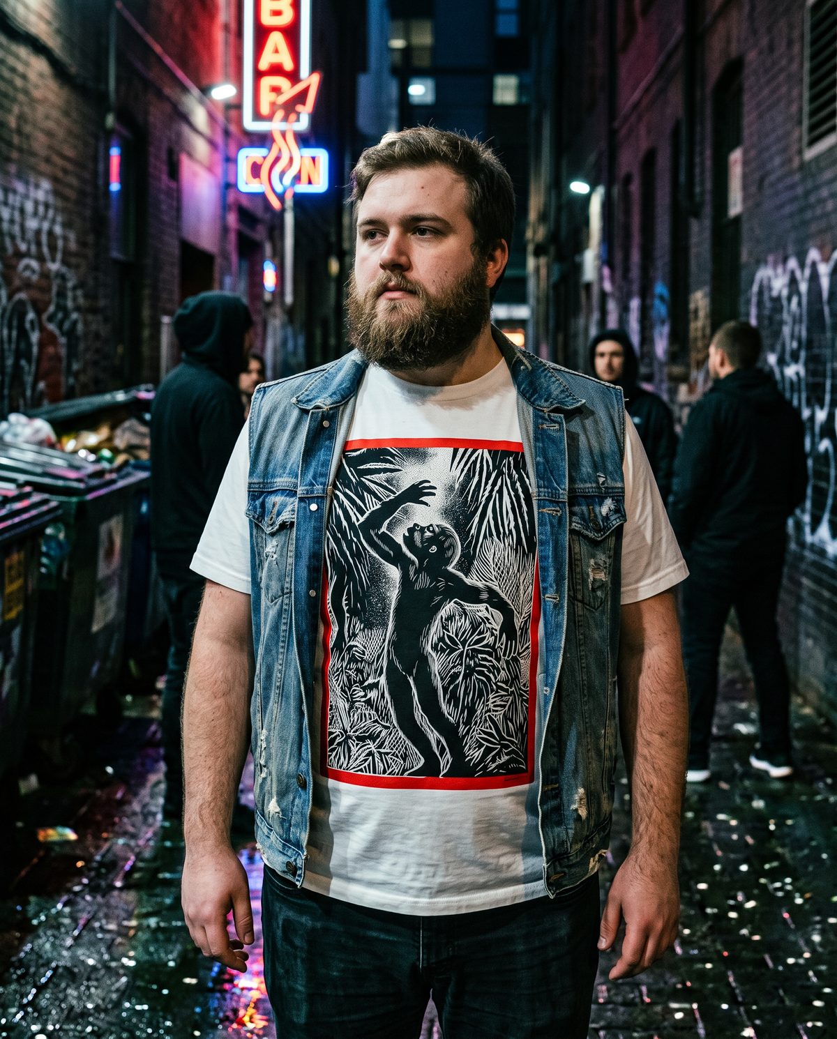 Undergrowth tee worn in a neon alley at night